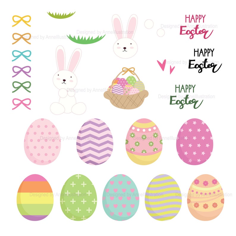 K&ouml;nnte beinhalten: Ein Set mit digitaler Oster-Clipart mit einem Hasen, einem Korb mit Eiern, Schleifen, Bl&auml;ttern und verschiedenen verzierten Eiern. Der Text "Frohe Ostern" erscheint dreimal in verschiedenen Stilen.