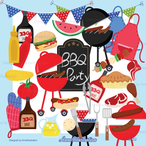 BBQ Clipart,Barbecue Clipart,Summer Clipart,Party Clipart,Food Clipart,Camping Clipart,Buger,Vector,Instant download Illustration_CA52