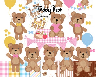 Puede incluir: Un conjunto de 12 ilustraciones digitales de osos de peluche marrones en varias poses. Los osos sostienen globos, corazones y lazos. Las ilustraciones son perfectas para scrapbooking, creación de tarjetas y otros proyectos de manualidades.