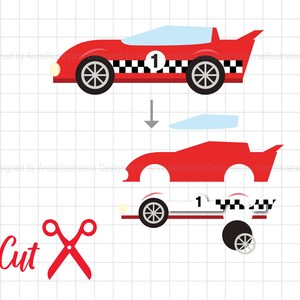 May include: A red race car with a checkered flag design and the number "1" on the side. The car is cut out in sections for easy assembly.