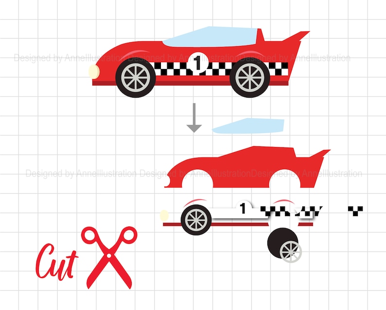 May include: A red race car with a checkered flag design and the number "1" on the side. The car is cut out in sections for easy assembly.