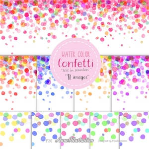 May include: Watercolor confetti design with a white background. The image features a variety of colorful confetti patterns, including pink, red, orange, yellow, green, blue, and purple. The text on the image says "WATER COLOR Confetti" and "10 images".