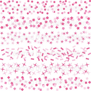 May include: A white background with a pattern of pink confetti. The confetti includes circles, stars, and rectangles in varying shades of pink, creating a festive and celebratory design.
