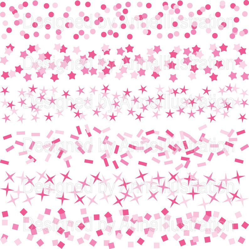May include: A white background with a pattern of pink confetti. The confetti includes circles, stars, and rectangles in varying shades of pink, creating a festive and celebratory design.