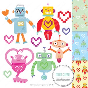 May include: A set of five colorful robot clip art images with hearts and pixelated hearts. The robots are in various poses and have different facial expressions. The clip art is perfect for adding a fun and whimsical touch to any project.