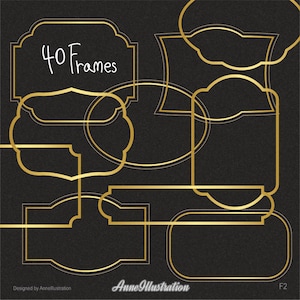 Puede incluir: Un conjunto de 40 marcos dorados sobre un fondo negro. Los marcos son de diversas formas y tamaños, incluyendo círculos, óvalos y rectángulos. El texto "40 Frames" está escrito en blanco en uno de los marcos.