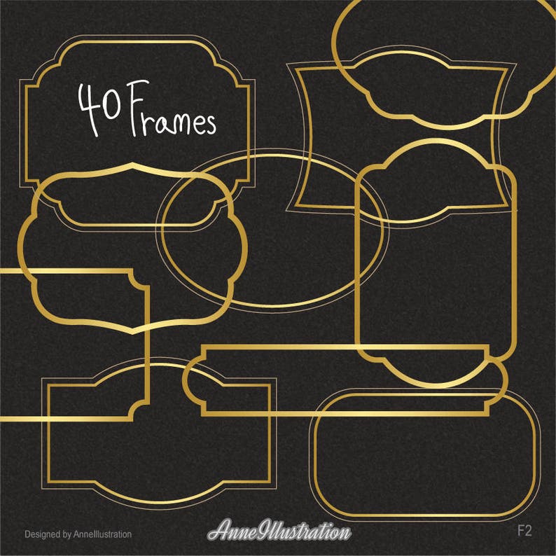 May include: A set of 40 gold frames on a black background. The frames are in various shapes and sizes, including circles, ovals, and rectangles. The text "40 Frames" is written in white on one of the frames.