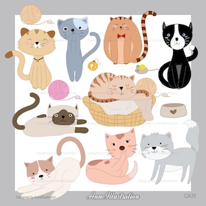 May include: A set of nine cute cartoon cat illustrations in various poses, including sleeping, playing with yarn, and grooming. The cats are drawn in a simple, colorful style and are perfect for use in digital scrapbooking, card making, or other craft projects.