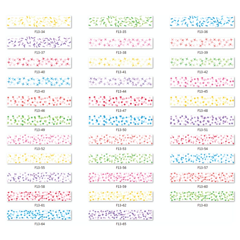 May include: A collection of decorative washi tapes with various colorful patterns. Designs include confetti, stars, hearts, and geometric shapes in shades of yellow, green, pink, blue, and purple. Each tape is labeled with a unique code, such as F13-34.