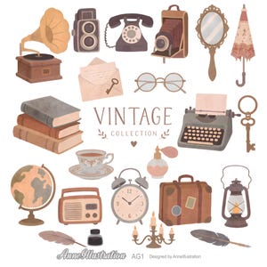 May include: A collection of vintage-themed illustrations featuring a gramophone, camera, rotary phone, hand mirror, umbrella, envelope with key, glasses, books, typewriter, globe, radio, alarm clock, perfume bottle, suitcase, lantern, and inkwell.