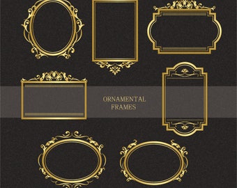 May include: Set of eight gold ornamental frames with intricate designs. The frames are perfect for adding a touch of elegance to any project.