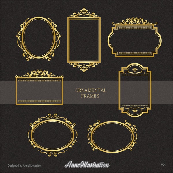 Ornamental gold frames Clipart,Gold frames Clipart,Gold vintage Clipart,Vector,Instant download Illustration_F3