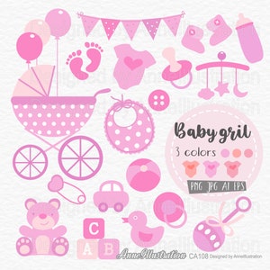 May include: A set of pink baby-themed illustrations, featuring a pram, balloons, baby clothes, a dummy, a rattle, and a teddy bear. The image also includes the text "Baby gril" and "3 colours".