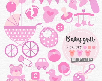 Baby Girl,Baby Shower Clipart,Pink,Pastel,Baby Stuff,Nursery,New Born,Stroller,Pram,Toy,Carriage,Vector,Instant download Illustration_CA108