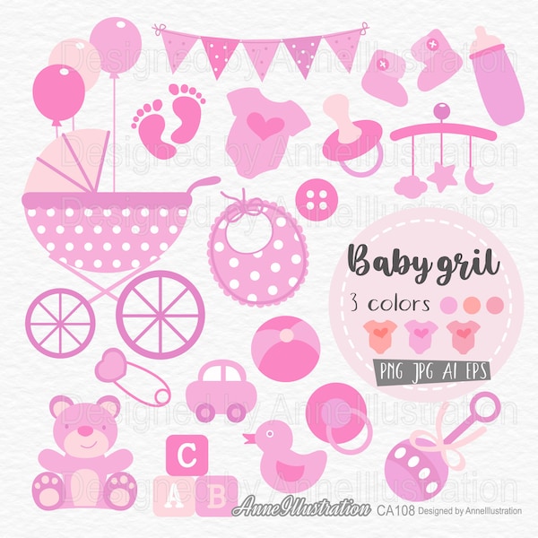 Baby Girl,Baby Shower Clipart,Pink,Pastel,Baby Stuff,Nursery,New Born,Stroller,Pram,Toy,Carriage,Vector,Instant download Illustration_CA108