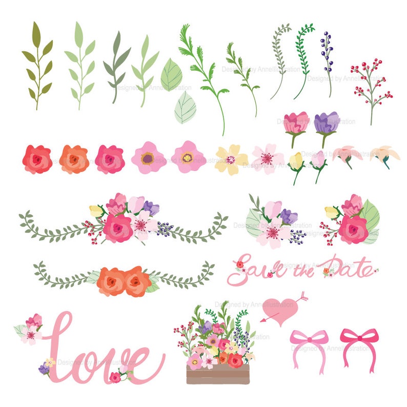 May include: A set of digital floral illustrations featuring pink, red, and white flowers, leaves, and branches. The illustrations include a floral wreath, a floral bouquet in a wooden box, and the text "Save the Date".