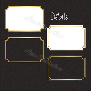 May include: Three gold frames with rounded corners on a black background. The top frame is empty. The middle frame is empty. The bottom frame is empty. The word "Details" is written in white cursive above the frames.