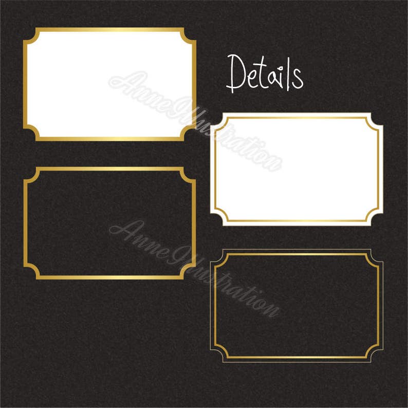May include: Three gold frames with rounded corners on a black background. The top frame is empty. The middle frame is empty. The bottom frame is empty. The word "Details" is written in white cursive above the frames.