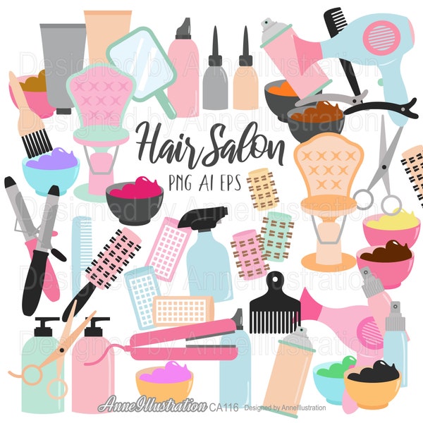 Hair Salon Clipart,Hairdresser,Tools,Beauty,Hair Style,Party,Girl,Women,Beauty Treatment,Hair Clipart,PNG,Instant download_CA116