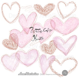 Aquarel harten clipart, Rose goud, liefde clipart, Glitter, Valentijnsdag, Hand getrokken, PNG, Instant download Illustratie_ CA91