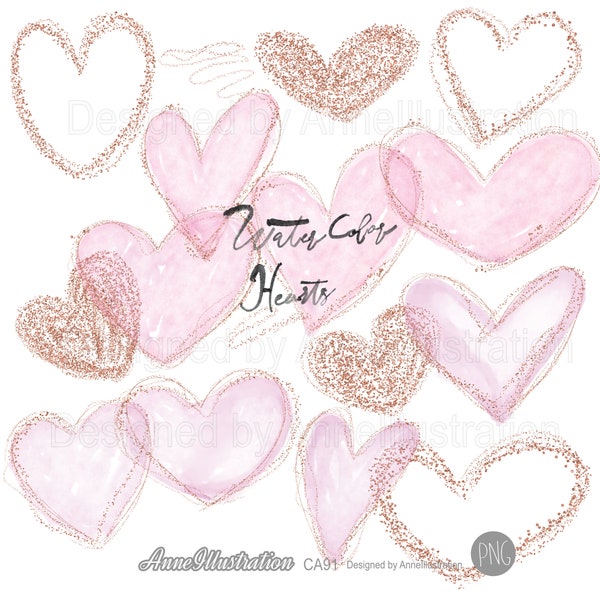 Watercolor hearts clipart,Rose gold,Love clipart,Glitter,Valentines Day,Hand drawn,PNG,Instant download Illustration_ CA91