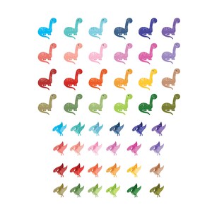 May include: A set of 36 colorful dinosaur illustrations in various shades of red, orange, yellow, green, blue, purple, and pink. The dinosaurs are arranged in rows, with each row featuring a different color.