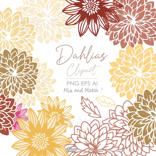 Dahlia Clipart,Floral,Spring,Flower,Gold,Invitation,Decor,Vintage,Golden,Yellow,Elegant,PNG,Vector,Instant download Illustration_CA125