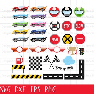 May include: A set of colorful racing car SVG cut files, including a checkered flag, a trophy, a gas pump, a stop sign, a slow sign, a final sign, a traffic light, a road sign, a road, and a banner.  The SVG files are perfect for creating personalized crafts, party decorations, and more.