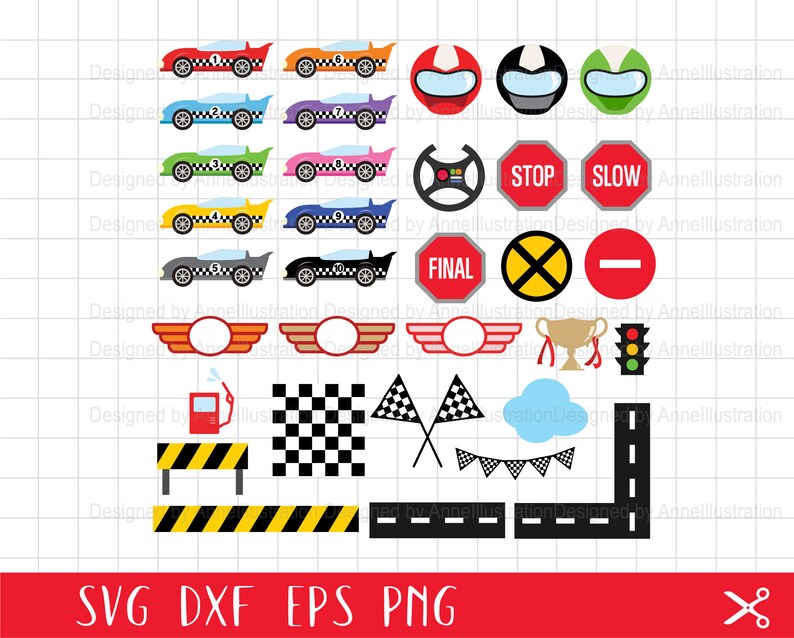 May include: A set of colorful racing car SVG cut files, including a checkered flag, a trophy, a gas pump, a stop sign, a slow sign, a final sign, a traffic light, a road sign, a road, and a banner.  The SVG files are perfect for creating personalized crafts, party decorations, and more.