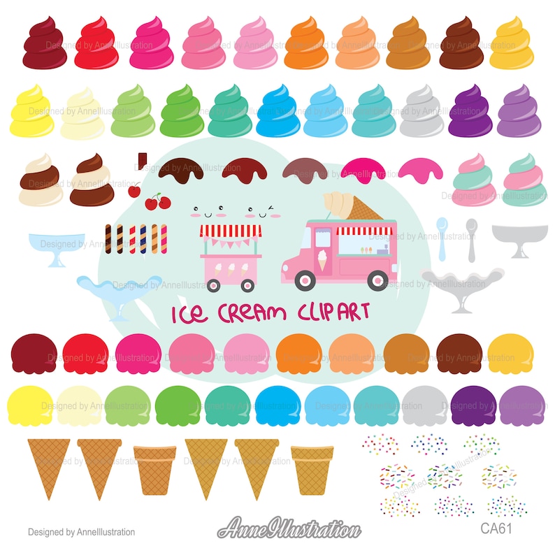 May include: A set of colorful ice cream clip art graphics, including scoops, cones, sprinkles, and an ice cream truck. The graphics are perfect for creating fun and festive designs for invitations, cards, and other projects.