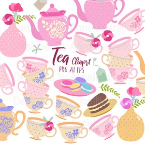Tea Clipart,Tea Party,Teapot,Cakes,Drinks,Coffee,Vintage,Pastel,Breakfast,MoringTea,Afternoon,PNG,Vector,Instant download Illustration_CA122