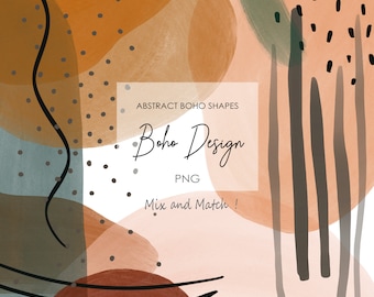 Imágenes prediseñadas bohemias dibujadas a mano, collage bohemio moderno, bohemio abstracto, bohemio moderno en acuarela, formas bohemias, PNG, descarga instantánea, ilustración_ CA112