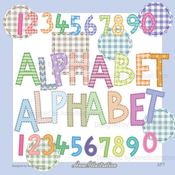Stitches Alphabet Clipart,Sweing Fabric,Numbers Clipart,Letters Clipart,Party Clipart,Vector,Instant download Illustration_AP7