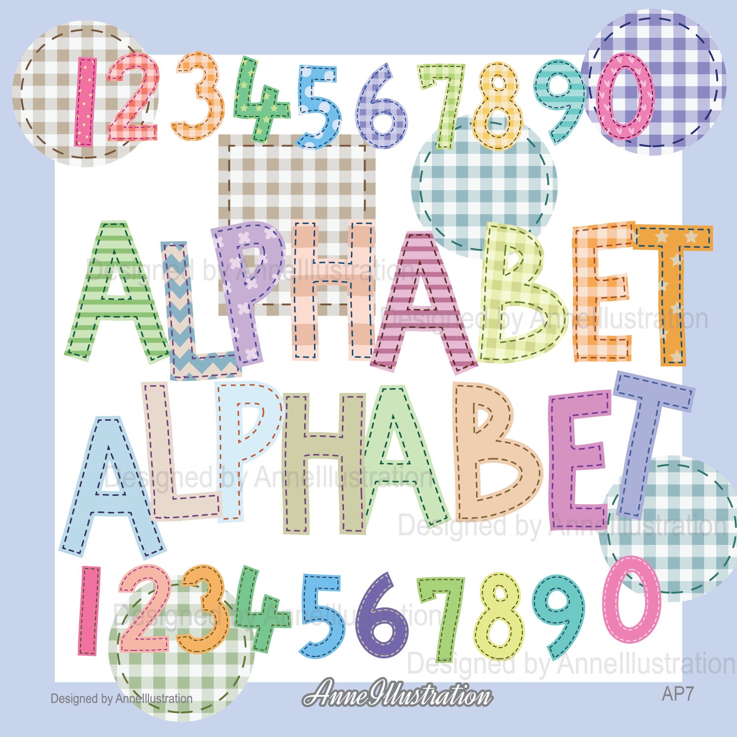 Stitches Alphabet Clipart,Sweing Fabric,Numbers Clipart,Letters Clipart,Party Clipart,Vector,Instant download Illustration_AP7