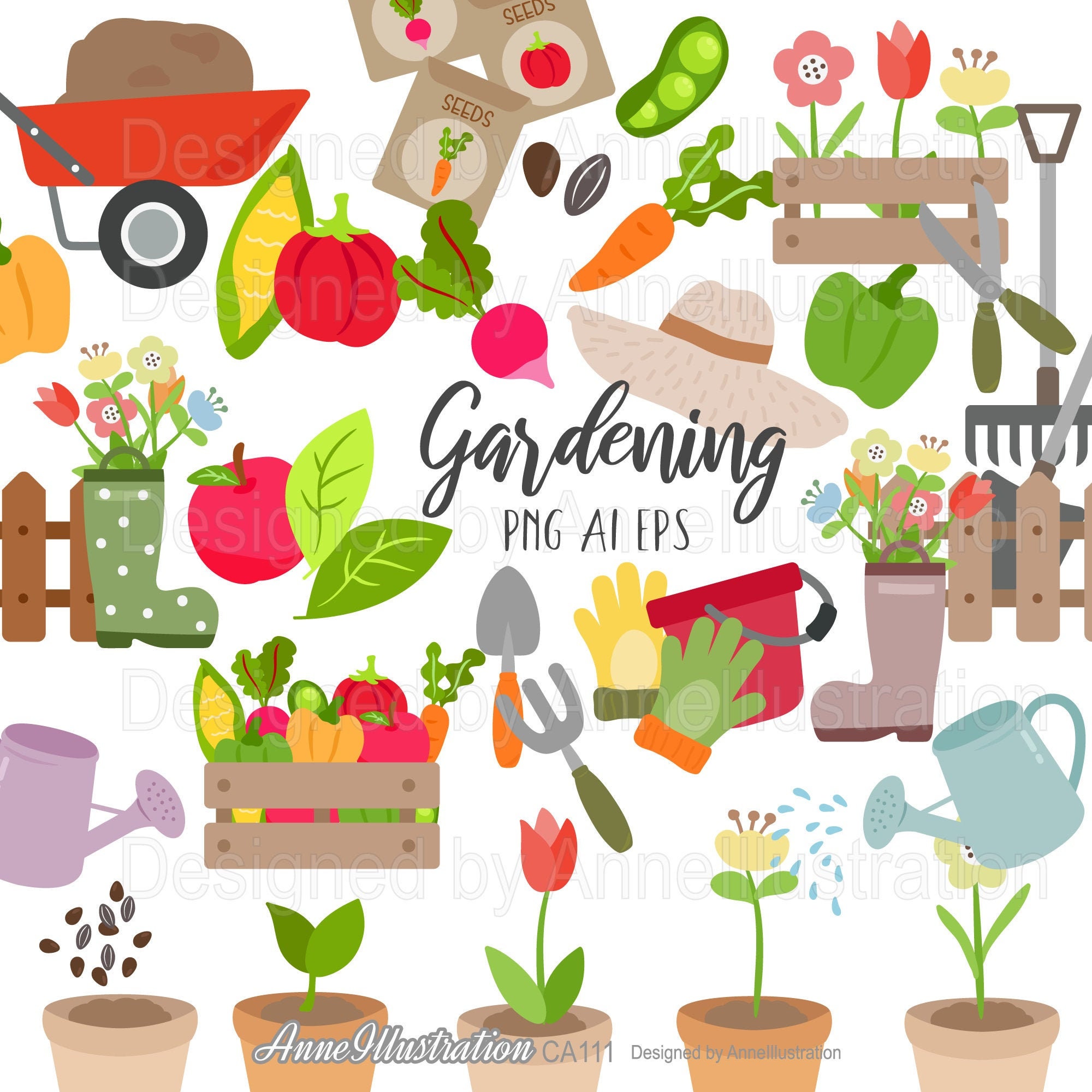 Gardening Clipart,vegetables,flowers,garden Tools,pot Plants ...