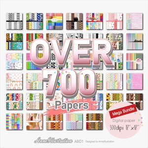 May include: A digital paper bundle with over 700 papers in various patterns and colors. The bundle includes a variety of designs, including stripes, polka dots, floral patterns, and geometric shapes. The papers are 300 dpi and 12 inches by 12 inches.