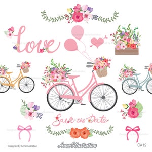 Bicycle Clipart,Wedding Clipart,Floral Clipart,Spring Clipart,Love Clipart,Vector,Instant download Illustration_CA19