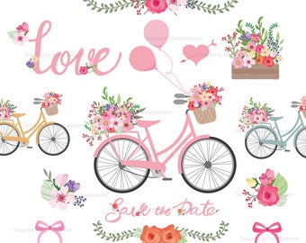 May include: A digital illustration set featuring a pink bicycle with flowers in the basket, a floral wreath, a heart with an arrow, a pink balloon, a wooden box with flowers, a bow, and the text "Love" and "Save the Date".