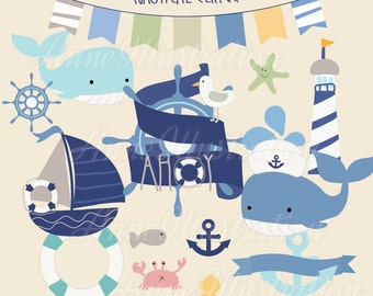 Nautical Clipart,Sailing Clipart,Sailboat Clipart,Whales Clipart,Vector, Instant download_NT1