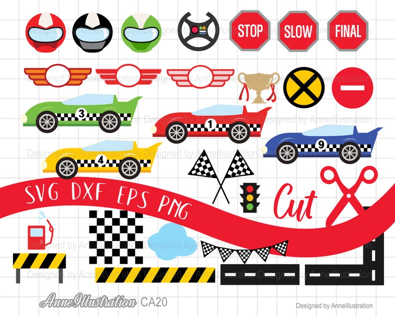 May include: A set of digital clipart images for crafting and design projects. The images feature a variety of race car themed elements, including cars, checkered flags, a trophy, a gas pump, and road signs. The text "SVG DXF EPS PNG" and "Cut" are also included.
