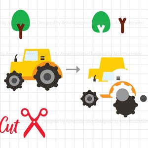 May include: A yellow cartoon tractor with black wheels and a gray center, next to a deconstructed version. Two green trees and the word "Cut" with red scissors are also shown. The image is a design.