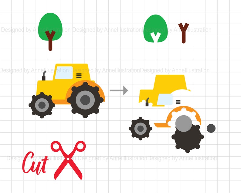 May include: A yellow cartoon tractor with black wheels and a gray center, next to a deconstructed version. Two green trees and the word "Cut" with red scissors are also shown. The image is a design.