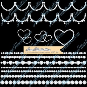 May include: A set of digital clipart featuring various designs of diamond-shaped hearts and rows of pearls. The designs are perfect for adding a touch of sparkle to wedding invitations, scrapbook pages, or other craft projects.