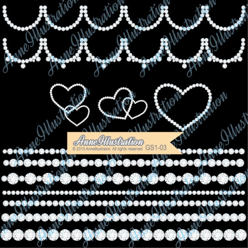 May include: A set of digital clipart featuring various designs of diamond-shaped hearts and rows of pearls. The designs are perfect for adding a touch of sparkle to wedding invitations, scrapbook pages, or other craft projects.