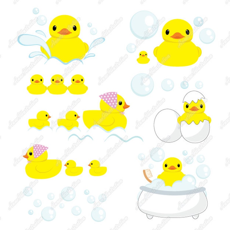 May include: A set of yellow rubber duck bath toys in various sizes, including a duckling hatching from an egg, a duck with a pink bow, and a duck in a bathtub with bubbles. The ducks are surrounded by white bubbles.