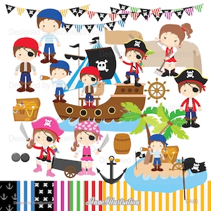 Pirate clipart,Pirate party clipart,Pirate Ship,Pirate Boy,Parrot,Pirate Girl,Treasure,Kids,Decor,PNG,Instant download Illustration_CA60