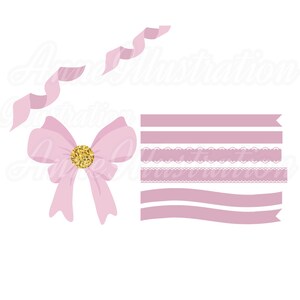 May include: A set of pink ribbon embellishments, including a bow with a gold glitter center, a curly ribbon, and straight and wavy ribbon borders.