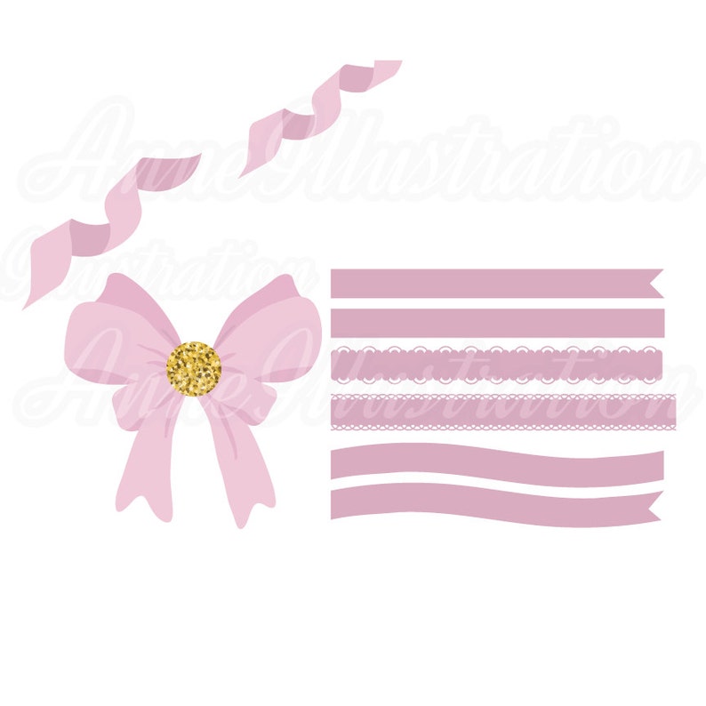 May include: A set of pink ribbon embellishments, including a bow with a gold glitter center, a curly ribbon, and straight and wavy ribbon borders.