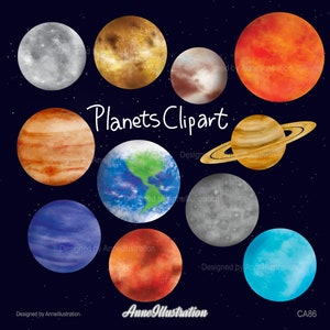 Pode incluir: Clipart de aquarela de nove planetas, incluindo a Terra, Marte, Júpiter, Saturno e Netuno. Os planetas são pintados em vários tons de azul, vermelho, laranja, marrom e cinza. O fundo é azul escuro com estrelas brancas.