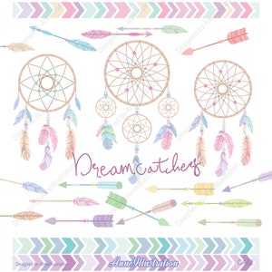 May include: A set of three dreamcatchers with feathers and beads in pastel colors. The dreamcatchers are surrounded by arrows and a chevron pattern in pastel colors. The text "Dreamcatchers" is written in purple.